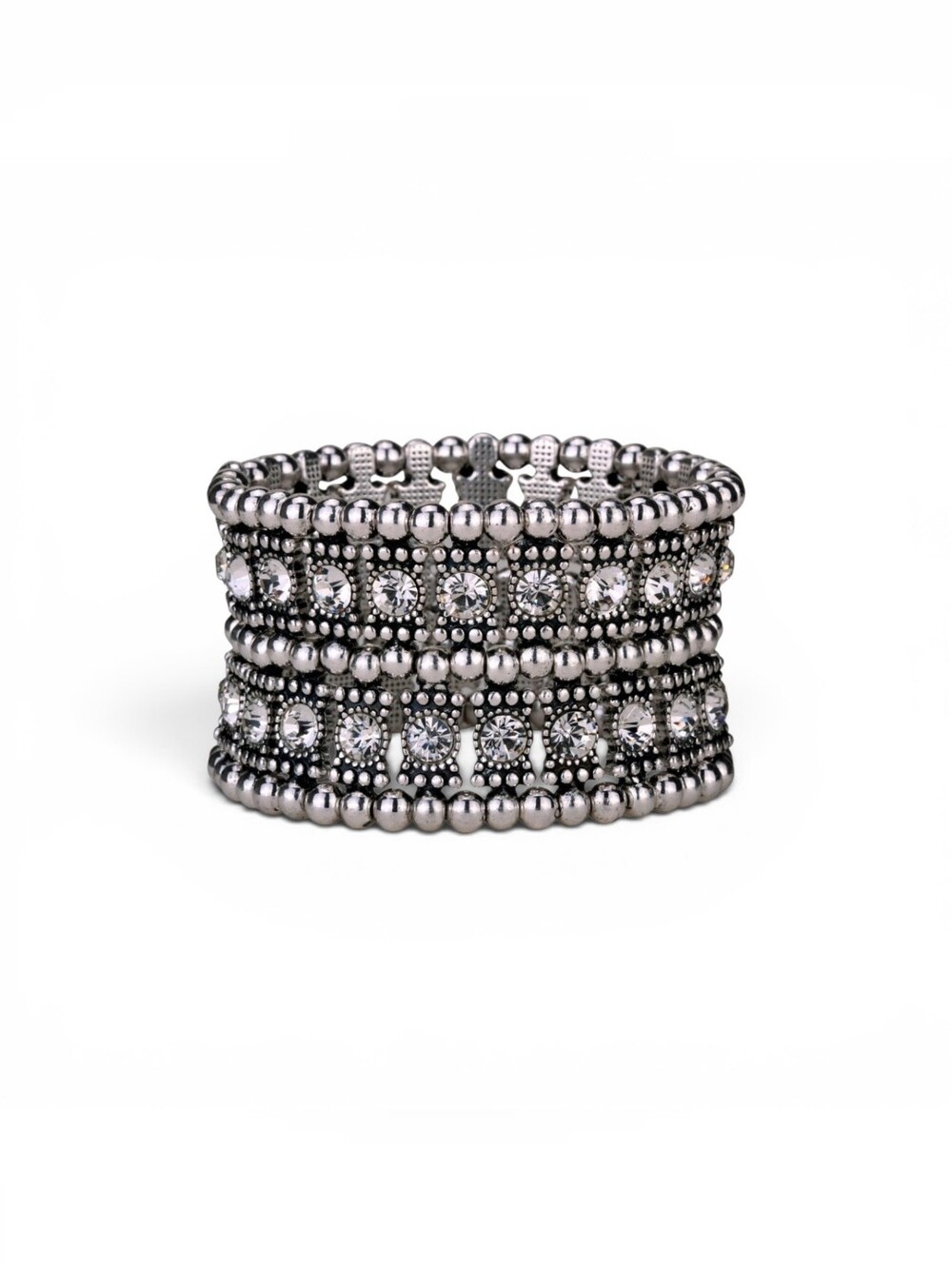 Vintage-Inspired Crystal Stretch Bracelet with Silver Bead Detailing